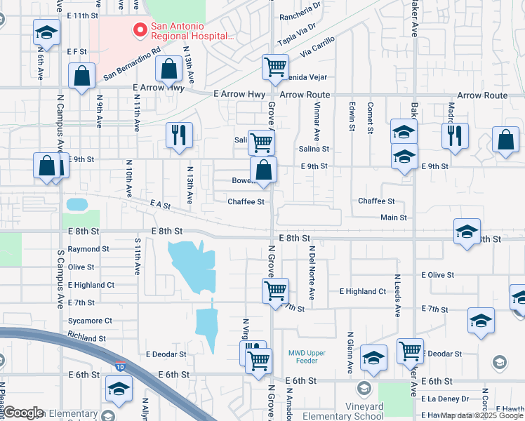 map of restaurants, bars, coffee shops, grocery stores, and more near 1472 Chaffee Street in Upland