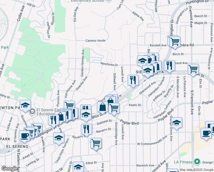 map of restaurants, bars, coffee shops, grocery stores, and more near 4200 Barrett Road in Los Angeles