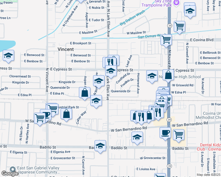 map of restaurants, bars, coffee shops, grocery stores, and more near 4450 East Queenside Drive in Covina