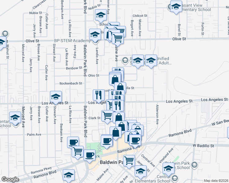 map of restaurants, bars, coffee shops, grocery stores, and more near 14348 Scott Place in Baldwin Park