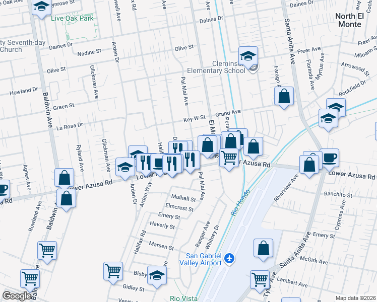 map of restaurants, bars, coffee shops, grocery stores, and more near 10606 Roseglen Street in Temple City