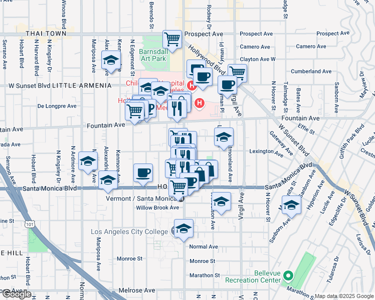 map of restaurants, bars, coffee shops, grocery stores, and more near 4653 Lexington Avenue in Los Angeles