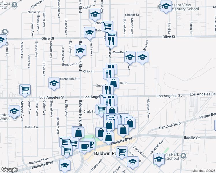 map of restaurants, bars, coffee shops, grocery stores, and more near 14348 Scott Place in Baldwin Park