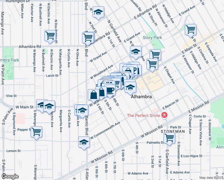 map of restaurants, bars, coffee shops, grocery stores, and more near 333 West Main Street in Alhambra