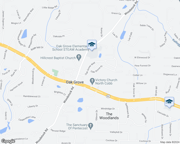 map of restaurants, bars, coffee shops, grocery stores, and more near 104 Oak Grove Place in Acworth
