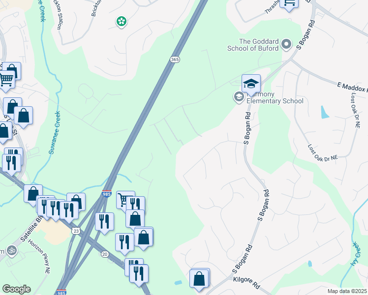map of restaurants, bars, coffee shops, grocery stores, and more near 2151 East Maddox Road in Buford