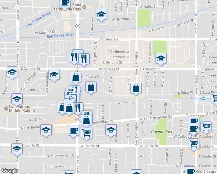 map of restaurants, bars, coffee shops, grocery stores, and more near 745 North Armel Drive in Covina