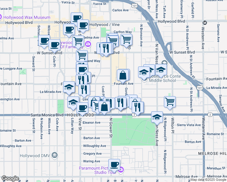 map of restaurants, bars, coffee shops, grocery stores, and more near 1233 North Beachwood Drive in Los Angeles