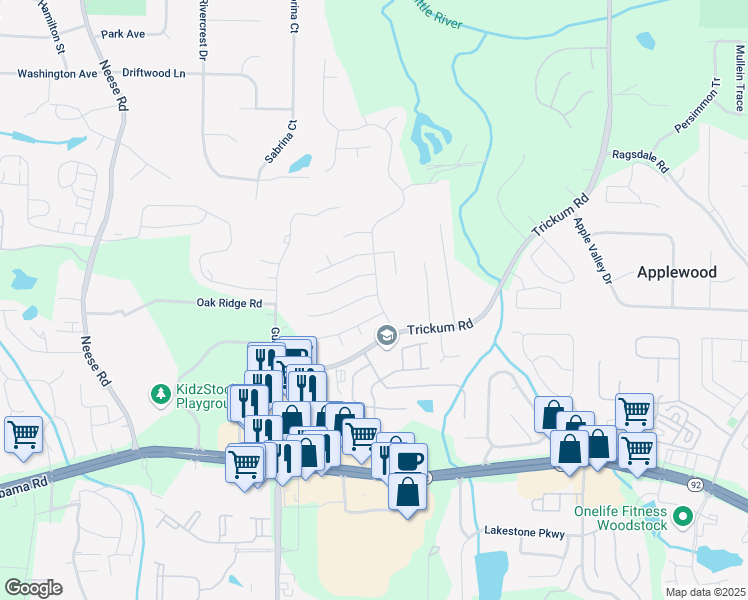 map of restaurants, bars, coffee shops, grocery stores, and more near 401 Citronelle Drive in Woodstock