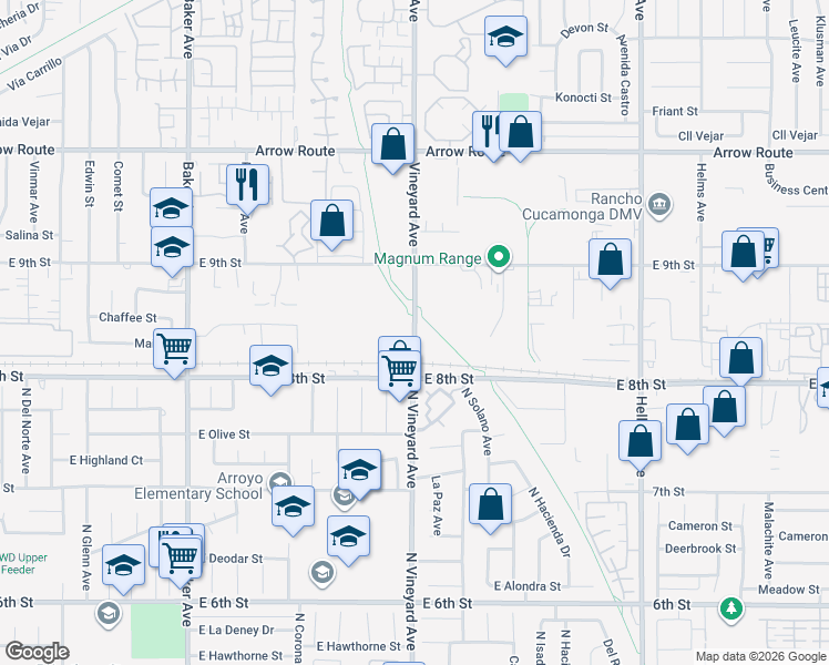 map of restaurants, bars, coffee shops, grocery stores, and more near 8825 Vineyard Avenue in Rancho Cucamonga