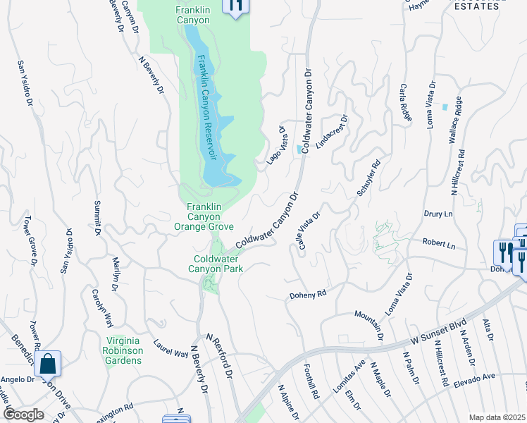 map of restaurants, bars, coffee shops, grocery stores, and more near 1169 Loma Linda Drive in Beverly Hills