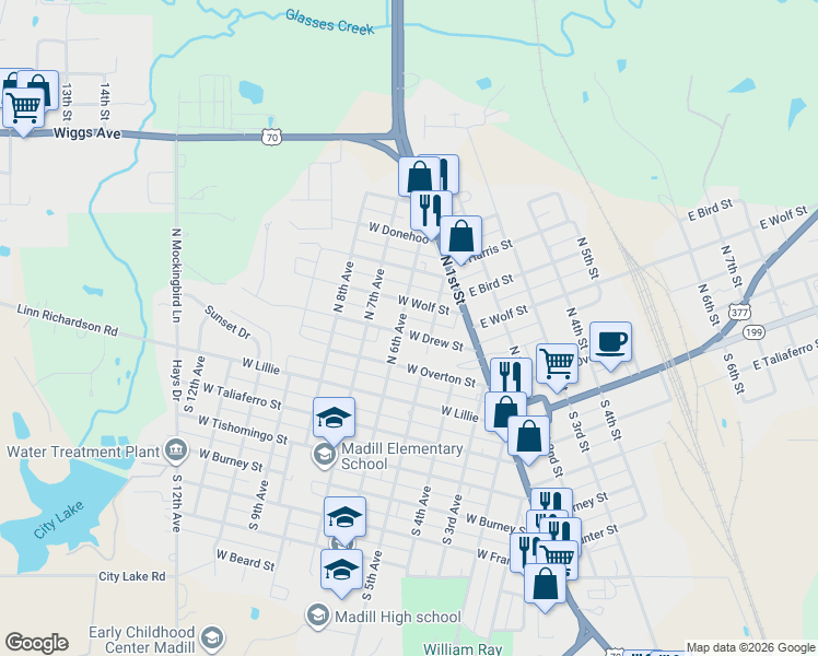 map of restaurants, bars, coffee shops, grocery stores, and more near 508 West Drew Street in Madill