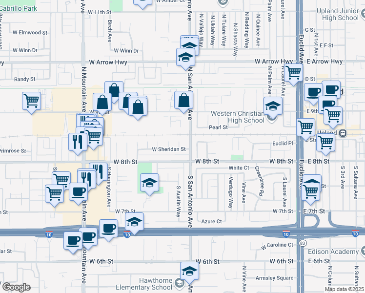 map of restaurants, bars, coffee shops, grocery stores, and more near 142 Mercer Way in Upland