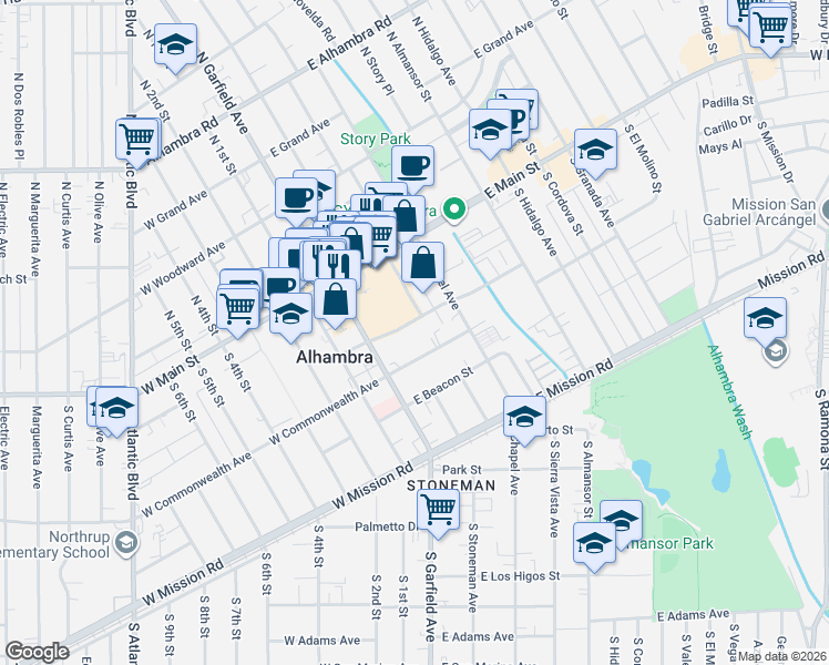 map of restaurants, bars, coffee shops, grocery stores, and more near 118 East Bay State Street in Alhambra