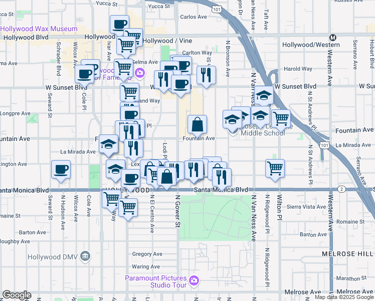 map of restaurants, bars, coffee shops, grocery stores, and more near 1233 North Beachwood Drive in Los Angeles