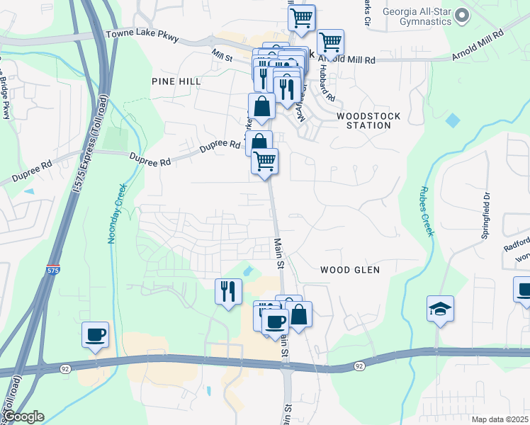 map of restaurants, bars, coffee shops, grocery stores, and more near 9114 Main Street in Woodstock