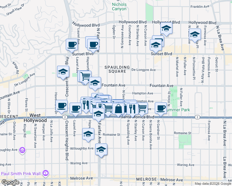 map of restaurants, bars, coffee shops, grocery stores, and more near 1232 North Ogden Drive in West Hollywood