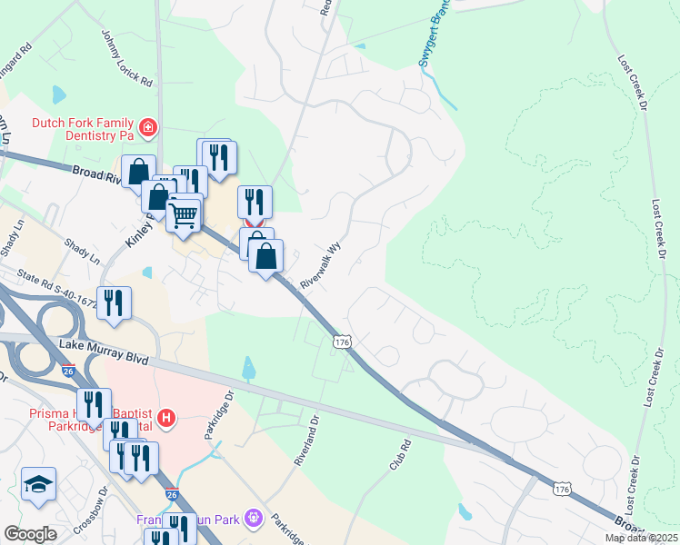 map of restaurants, bars, coffee shops, grocery stores, and more near 103 Woodspur Rd in Irmo