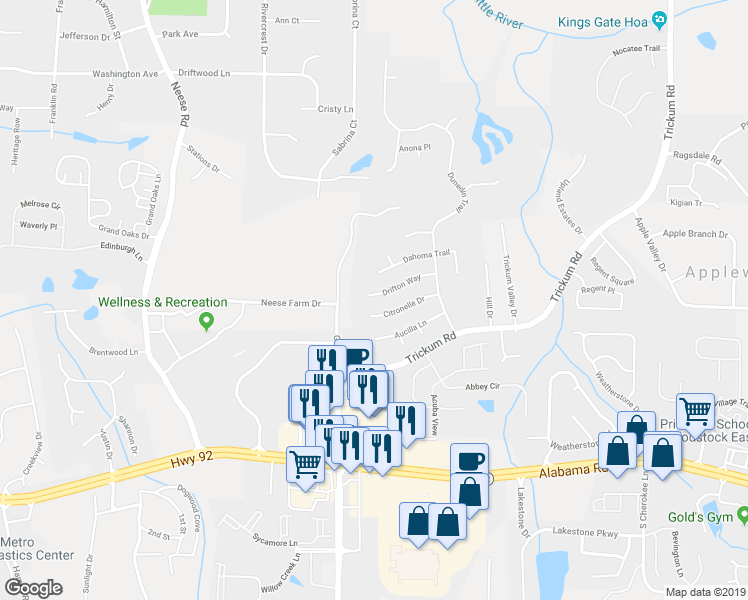 map of restaurants, bars, coffee shops, grocery stores, and more near 533 Drifton Way in Woodstock