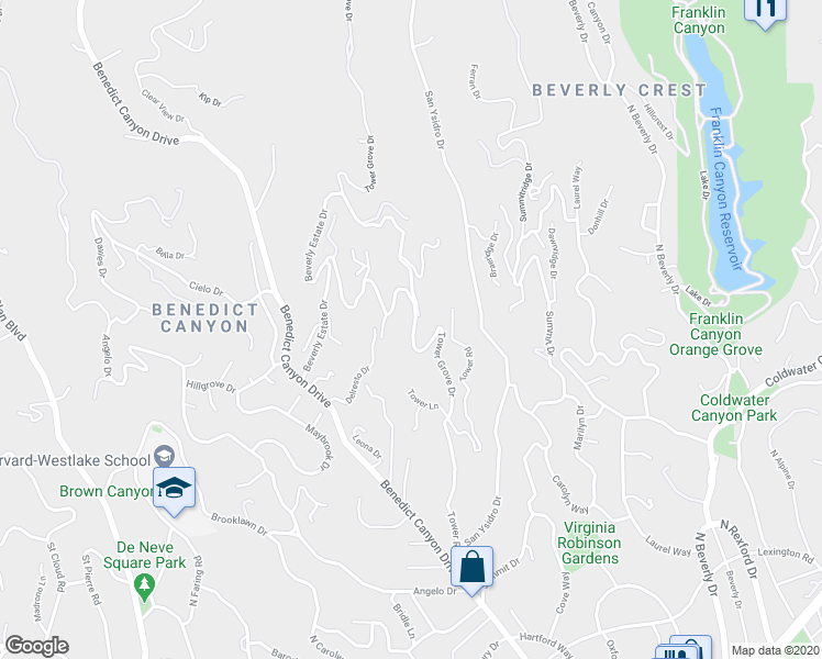 map of restaurants, bars, coffee shops, grocery stores, and more near 1261 Tower Grove Drive in Beverly Hills