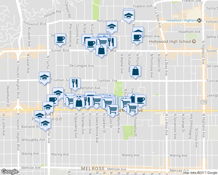 map of restaurants, bars, coffee shops, grocery stores, and more near 1238 North Gardner Street in West Hollywood