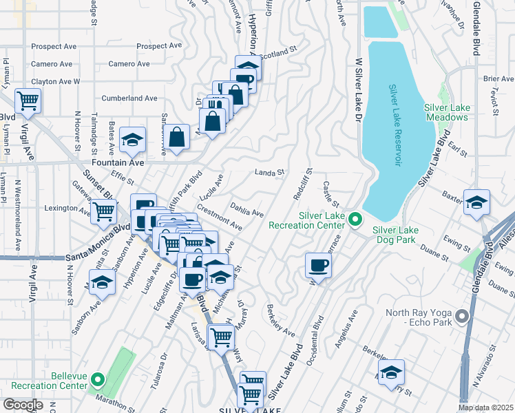 map of restaurants, bars, coffee shops, grocery stores, and more near 3515 Dahlia Avenue in Los Angeles