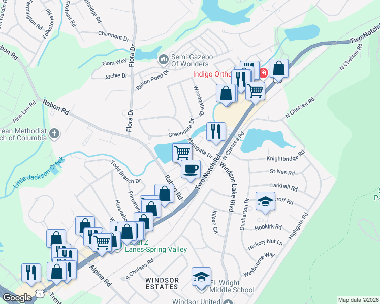 map of restaurants, bars, coffee shops, grocery stores, and more near 40 Royalgate Drive in Columbia
