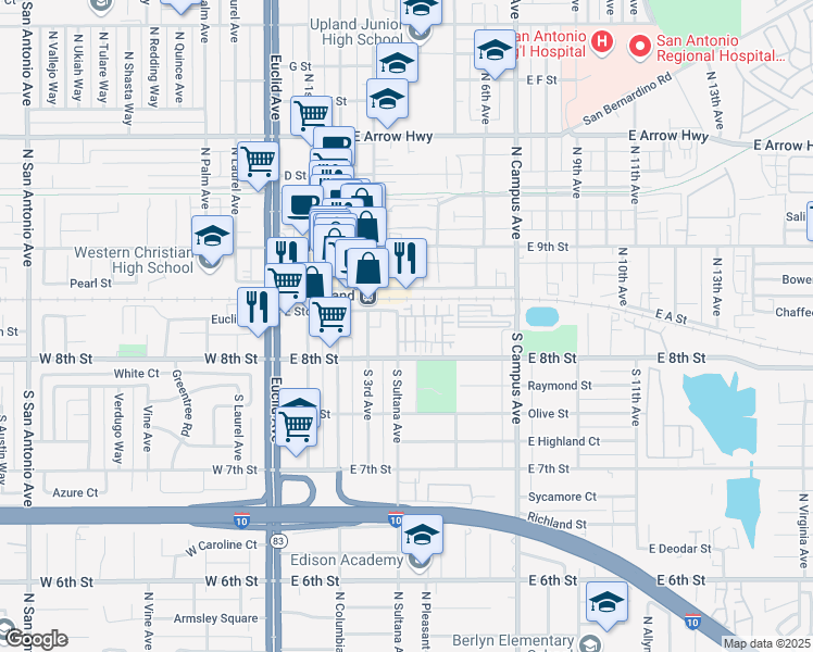 map of restaurants, bars, coffee shops, grocery stores, and more near 144 Dorsett Ave in Upland