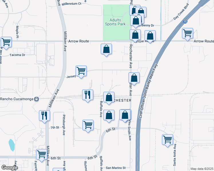 map of restaurants, bars, coffee shops, grocery stores, and more near 8830 Rochester Avenue in Rancho Cucamonga