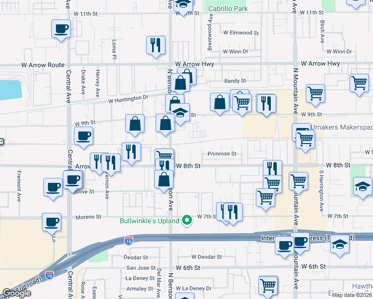 map of restaurants, bars, coffee shops, grocery stores, and more near 131 Genoa Way in Upland