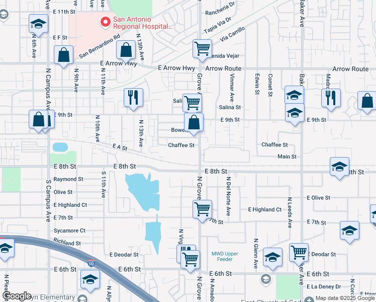 map of restaurants, bars, coffee shops, grocery stores, and more near 1456 Chaffee Street in Upland