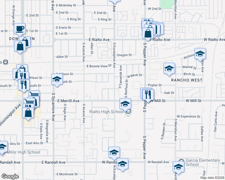 map of restaurants, bars, coffee shops, grocery stores, and more near 456 South Tamarisk Avenue in Rialto