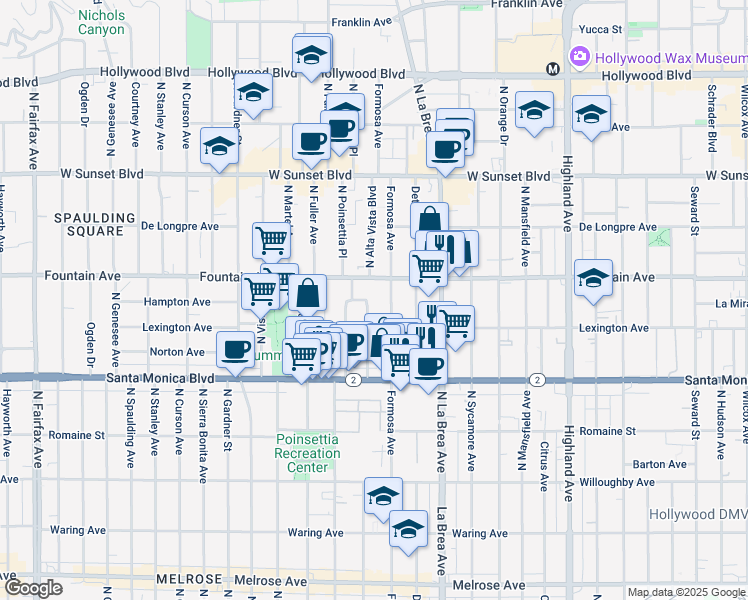 map of restaurants, bars, coffee shops, grocery stores, and more near 1232 North Poinsettia Place in West Hollywood
