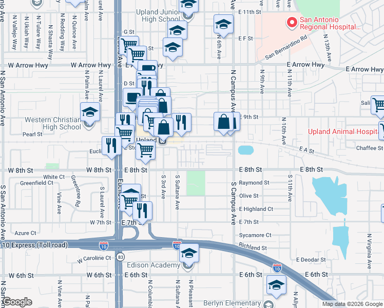 map of restaurants, bars, coffee shops, grocery stores, and more near 144 Royal Way in Upland