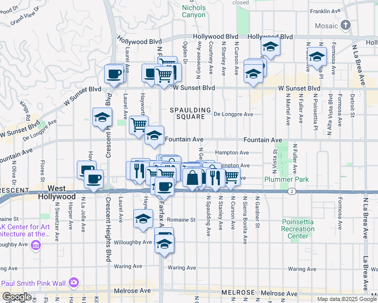 map of restaurants, bars, coffee shops, grocery stores, and more near 1232 North Ogden Drive in West Hollywood