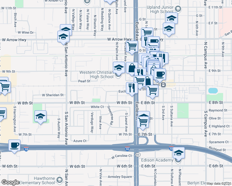 map of restaurants, bars, coffee shops, grocery stores, and more near 157 South Palm Avenue in Upland