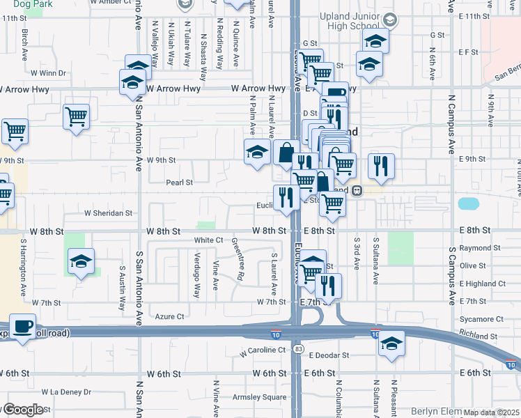 map of restaurants, bars, coffee shops, grocery stores, and more near 164 Euclid Place in Upland