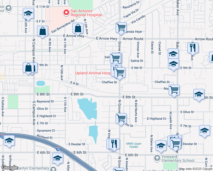 map of restaurants, bars, coffee shops, grocery stores, and more near 1420 Chaffee Street in Upland