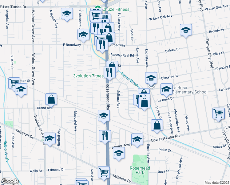map of restaurants, bars, coffee shops, grocery stores, and more near 9023 Pentland Street in Temple City
