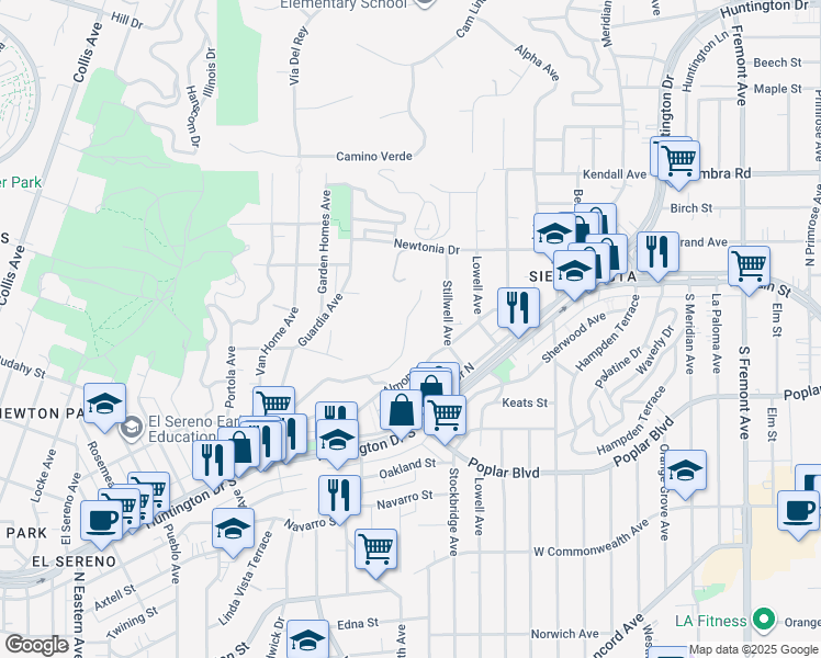 map of restaurants, bars, coffee shops, grocery stores, and more near 4200 Barrett Road in Los Angeles