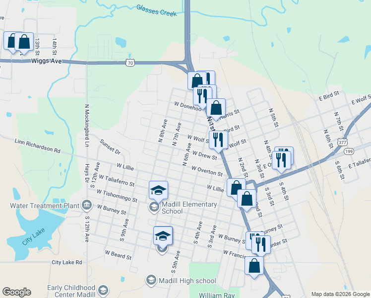 map of restaurants, bars, coffee shops, grocery stores, and more near 508 West Drew Street in Madill