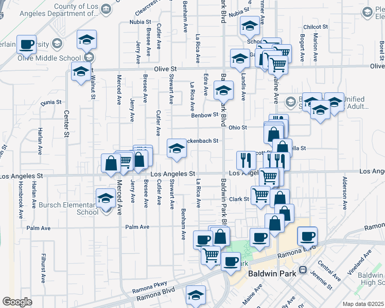 map of restaurants, bars, coffee shops, grocery stores, and more near 4447 La Rica Avenue in Baldwin Park