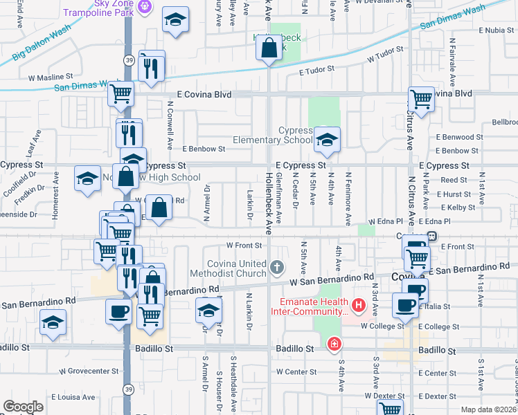 map of restaurants, bars, coffee shops, grocery stores, and more near 17913 East Kelby Street in Covina