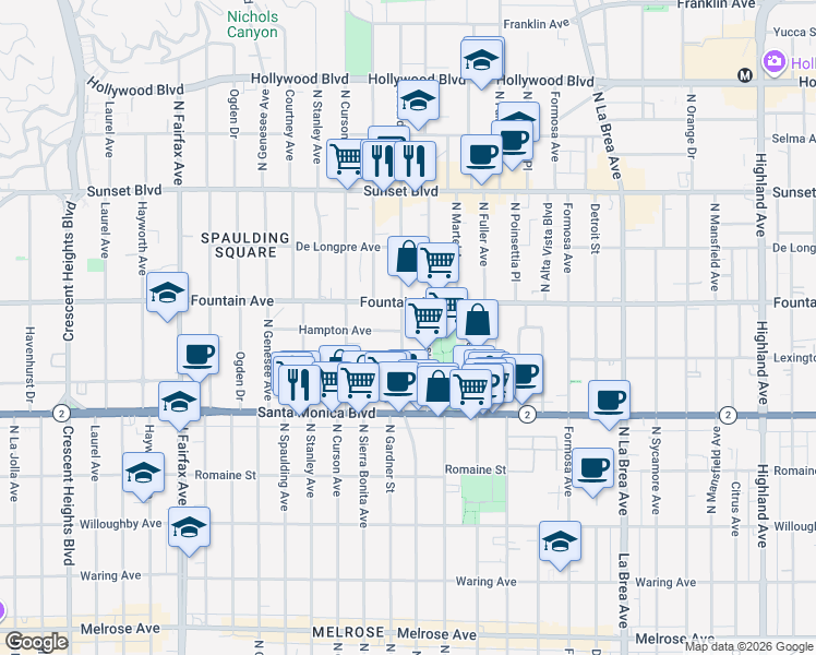map of restaurants, bars, coffee shops, grocery stores, and more near 7508 Hampton Avenue in West Hollywood