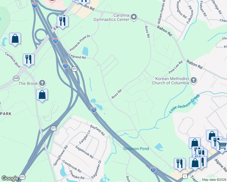 map of restaurants, bars, coffee shops, grocery stores, and more near 627 Ross Road in Columbia