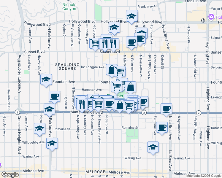 map of restaurants, bars, coffee shops, grocery stores, and more near 1238 North Gardner Street in West Hollywood