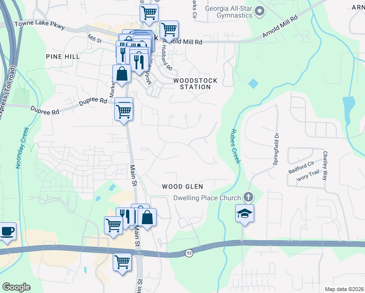 map of restaurants, bars, coffee shops, grocery stores, and more near 337 Windsong Way in Woodstock