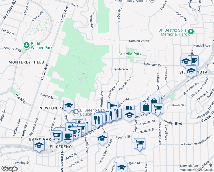 map of restaurants, bars, coffee shops, grocery stores, and more near 4140 Portola Avenue in Los Angeles