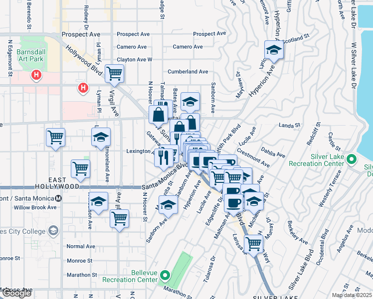 map of restaurants, bars, coffee shops, grocery stores, and more near 4111 West Sunset Boulevard in Los Angeles