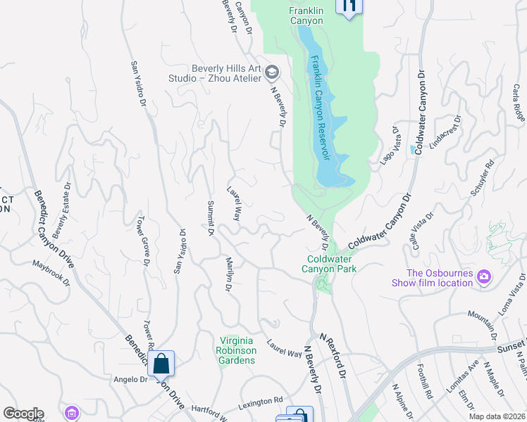 map of restaurants, bars, coffee shops, grocery stores, and more near 1231 Shadow Hill Way in Beverly Hills